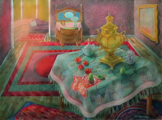 samovar with beaded cloth